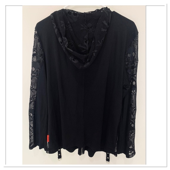 Tripp NYC Black Skull Lace Hooded Sweatshirt Top Zip Front Sheer Black Size 2X - Picture 8 of 14